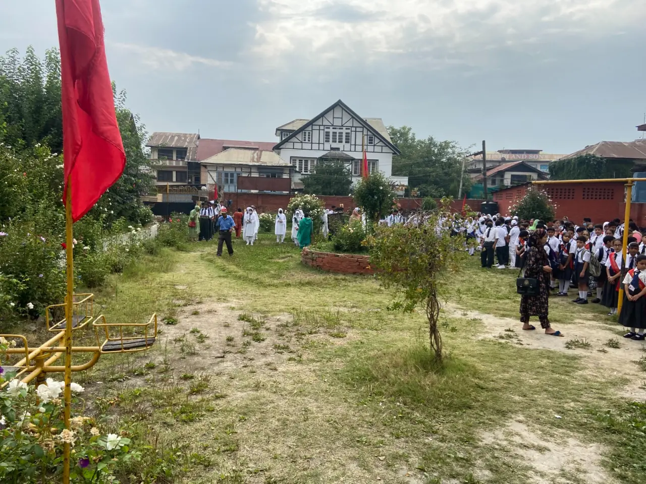 Students near school building